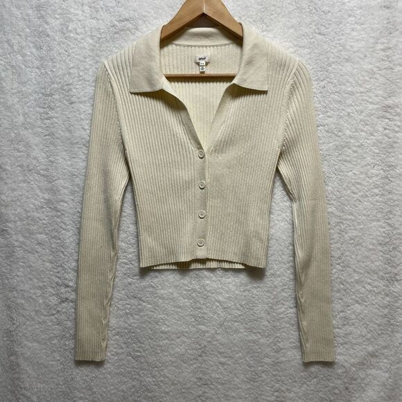 Aerie Ribbed Collared Cropped Sweater M Button Front Long Sleeve Cream Knit - Picture 1 of 11